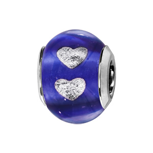 Charms Thabora en argent rhodié et verre de Murano véritable bleu foncé avec coeurs argentés