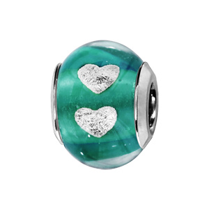 Charms Thabora en argent rhodié et verre de Murano véritable bleu vert avec coeurs argentés