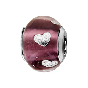 Charms Thabora en argent rhodié et verre de Murano véritable violet avec coeurs argentés