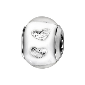 Charms Thabora en argent rhodié et verre de Murano véritable blanc avec coeurs argentés