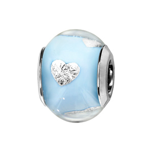 Charms Thabora en argent rhodié et verre de Murano véritable bleu clair avec coeurs argentés