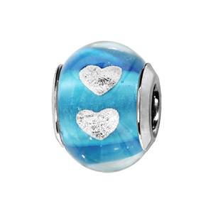 Charms Thabora en argent rhodié et verre de Murano véritable bleu turquoise avec coeurs argentés