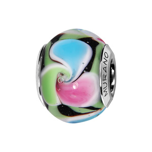 Charms Thabora en argent rhodié et verre de Murano véritable fleur spirale multi couleurs