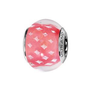 Charms Thabora en argent rhodié et verre de Murano véritable rose et losanges blancs
