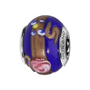 Charms en argent rhodié verre de Murano véritable bleu avec motifs et dorure