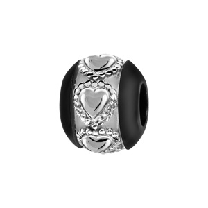 Charms Thabora boule en céramique noire avec 1 bande en argent ornée de coeurs ouvragés