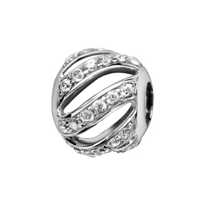 Charms Thabora en argent rhodié boule avec rayures ajourées et ornées d’oxydes blancs