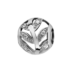 Charms Thabora en argent rhodié boule ajourée en forme de feuilles ornées d’oxydes blancs
