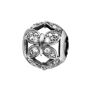 Charms Thabora en argent rhodié boule avec papillons ajourés pavés d’oxydes blancs