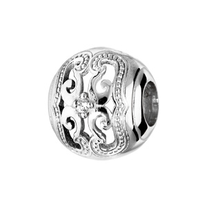 Charms Thabora en argent rhodié boule avec arabesque finement ciselée et oxyde blanc serti