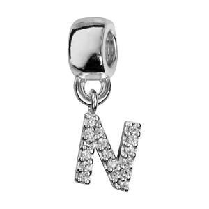 Charms Thabora en argent rhodié lettre N ornée d’oxydes blancs suspendu