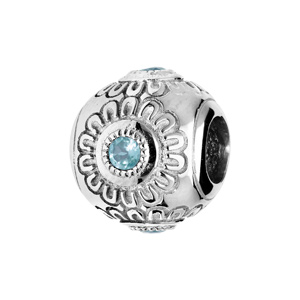 Charms Thabora en argent rhodié rond ciselé forme de fleur avec Topaze bleu ciel véritable