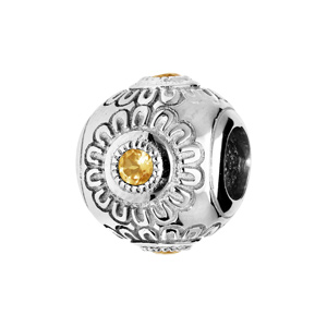Charms Thabora en argent rhodié rond ciselé forme de fleur avec Citrine véritable