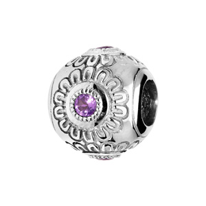 Charms Thabora en argent rhodié rond ciselé forme de fleur avec Amethyste véritable