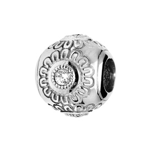 Charms Thabora en argent rhodié rond ciselé forme de fleur avec Topaze blanche véritable