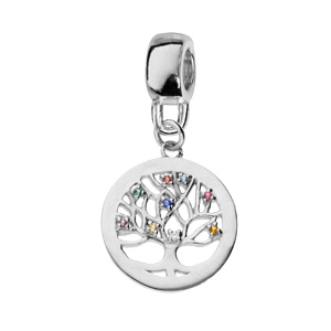 Charms en argent platiné arbre de vie suspendu et oxydes multi couleurs sertis