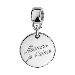 Charms Thabora en argent rhodié médaille suspendue gravée « Maman je t’aime »