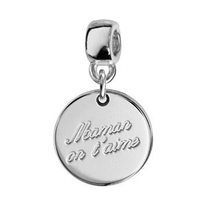 charms thabora en argent rhodié médaille suspendue gravée "maman on t'aime"