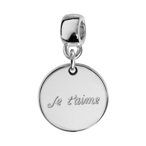 charms thabora en argent rhodié médaille suspendue gravée "je t'aime"