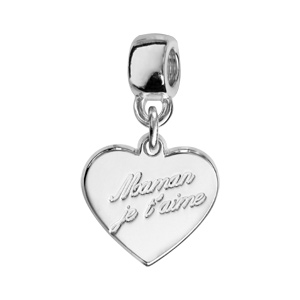 Charms Thabora en argent rhodié coeur suspendu gravé « Maman je t’aime »