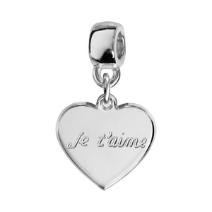 Charms Thabora en argent rhodié coeur suspendu gravé « Je t’aime »