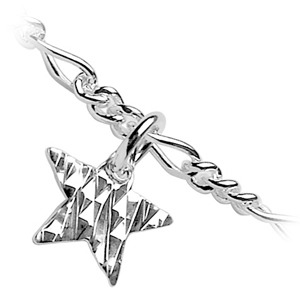 Cha�ne de cheville en argent mailles 1+3 avec 3 pampilles �toiles martel�es - longueur 23cm + 2cm de rallonge - Vue 2