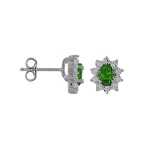 Boucles d\'oreilles en argent rhodi� collection joaillerie oxyde vert au centre et petits oxydes blancs autour et fermoir avec poussette - Vue 2