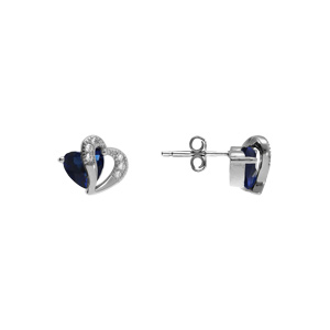 Boucles d\'oreille tige en argent rhodi� double coeur oxyde bleu et blancs - Vue 2