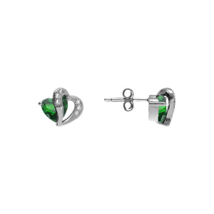 Boucles d\'oreille tige en argent rhodi� double coeur oxyde vert et blancs - Vue 2