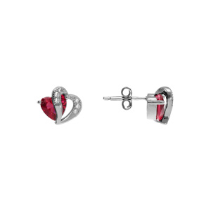Boucles d\'oreille tige en argent rhodi� double coeur oxyde rouge et blancs - Vue 2