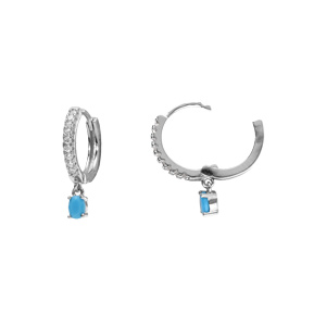 Cr�oles en argent rhodi� oxydes blancs sertis avec pampille oxyde bleu serti - Vue 2