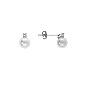 Boucles d\'oreille tige en argent rhodi� perle blanche imitation 6mm et oxyde blanc - Vue 2