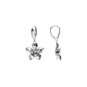 Boucles d\'oreille en argent rhodi�,  fleur et oxydes blancs sertis, fermoir dormeuse - Vue 2