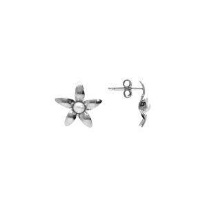 Boucles d\'oreille tige en argent rhodi� petite fleur et perle blanche imitation - Vue 2