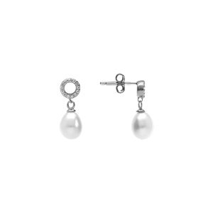 Boucles d\'oreille tige en argent rhodi� cercle oxydes blancs sertis et perle blanche imitation pendante - Vue 2