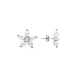 Boucles d\'oreille tige en argent rhodi� fleur perles blanches imitation - Vue 2