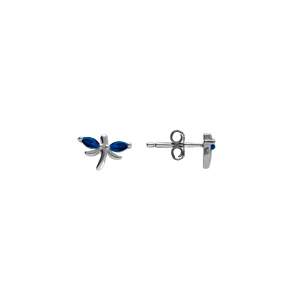 Boucles d\'oreille tige en argent rhodi� libellule oxydes bleu fonc� sertis - Vue 2