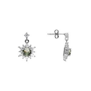 Boucles d\'oreille tige en argent rhodi� fleur oxyde vert clair et contour oxydes blancs - Vue 2