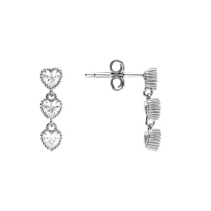 Boucles d\'oreille tige en argent rhodi� pendante 3 coeurs oxydes blancs - Vue 2