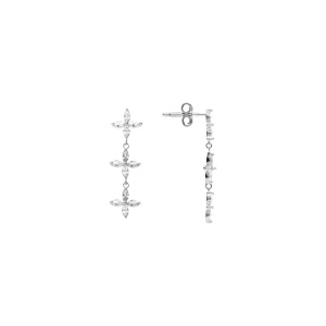 Boucles d\'oreille tige en argent rhodi� pendante 3 fleurs oxydes blancs - Vue 2