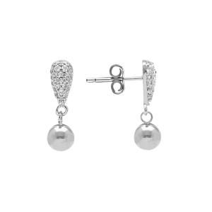 Boucles d\'oreille en argent rhodi� forme goutte pav�e d\'oxydes blancs et boule lisse - Vue 2
