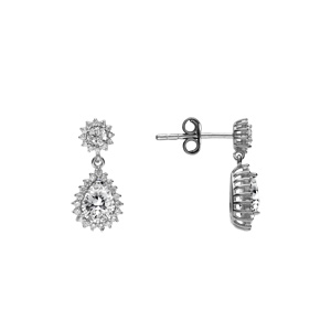 Boucles d\'oreille tige en argent rhodi� pendentif goutte oxydes blancs et contour oxydes blancs sertis - Vue 2