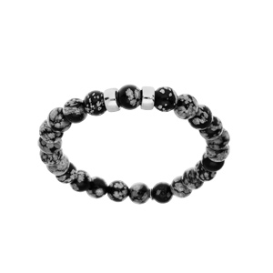 Bracelet extensible en argent platin� avec boules Obsidienne gris v�ritable et 2 charms � graver - Vue 2