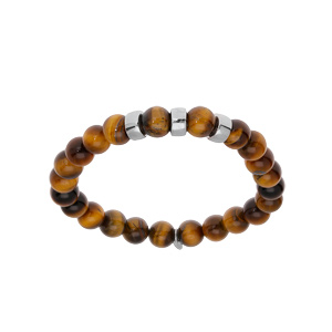 Bracelet extensible en argent platin� avec boules Oeil de tigre marron v�ritable et 3 charms � graver - Vue 2
