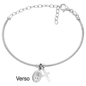 Bracelet en argent rhodi� semi rigide avec pampilles Croix et miraculeuse r�glable - Vue 2