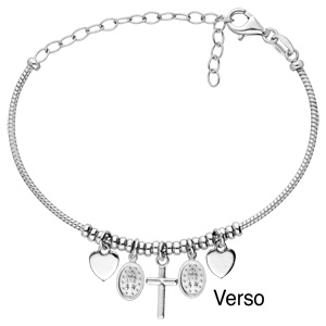 Bracelet en argent rhodi� semi rigide avec pampilles c�ur, Croix et miraculeuse r�glable - Vue 2