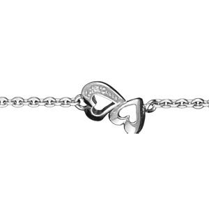 Bracelet en argent rhodi� cha�ne avec 2 petits coeurs d�coup�s et ouvrag�s au milieu - longueur 16cm + 3cm de rallonge - Vue 2