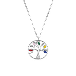 Collier en argent rhodi� cha�ne avec pendentif arbre de vie r�sine multi couleurs et oxydes blancs 40+5cm - Vue 2