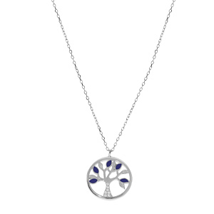 Collier en argent rhodi� cha�ne avec pendentif arbre de vie couleur bleue et oxydes blancs 40+5cm - Vue 2