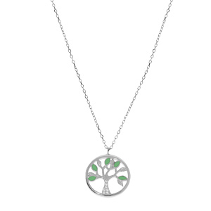 Collier en argent rhodi� cha�ne avec pendentif arbre de vie couleur vert et oxydes blancs 40+5cm - Vue 2